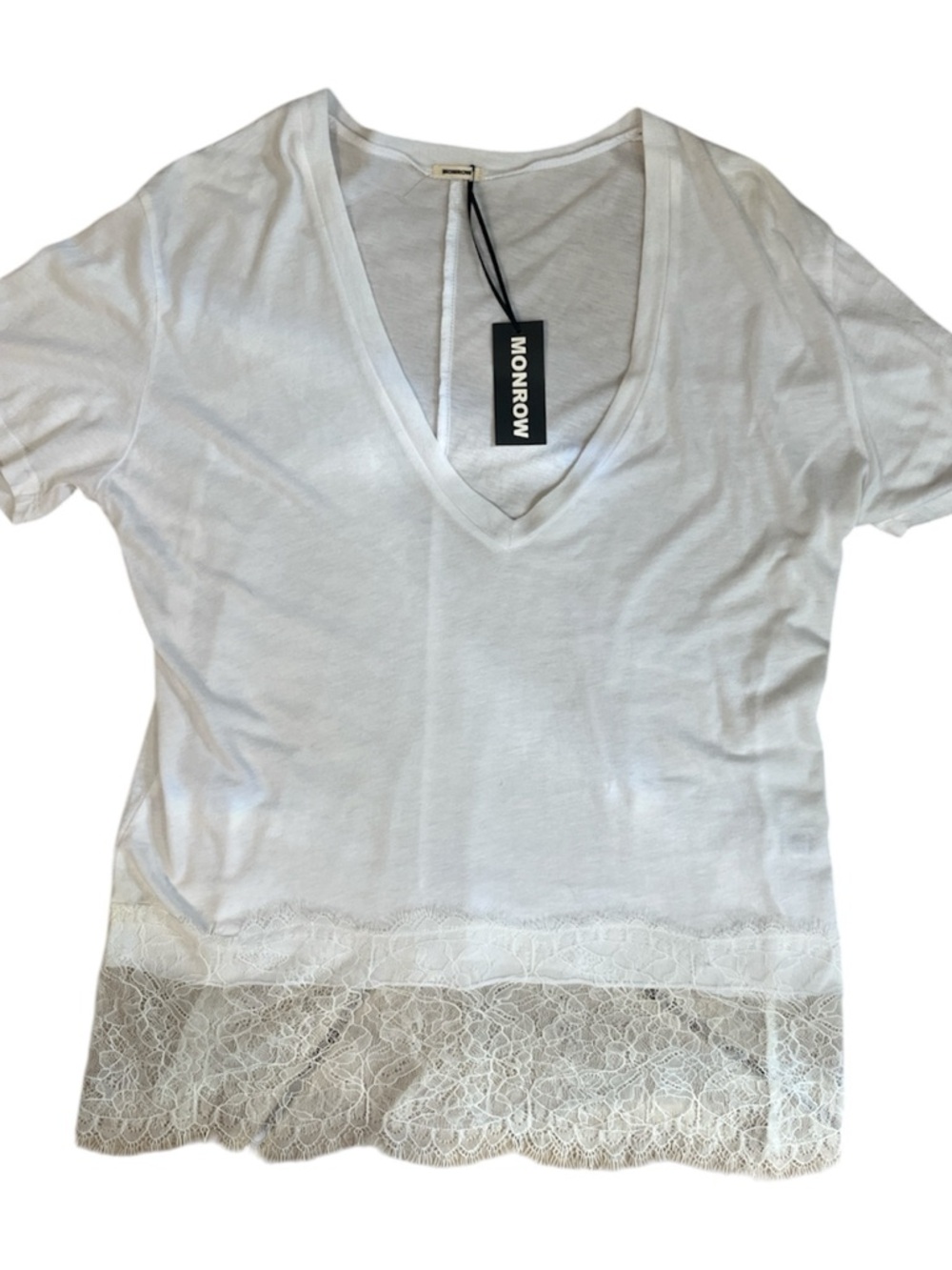 Monrow White V-Neck Tee with Lace Hem Detail